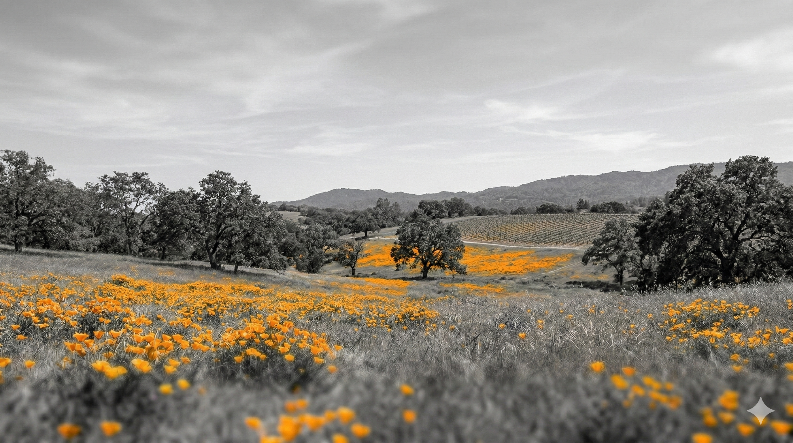 california poppies and vineyard